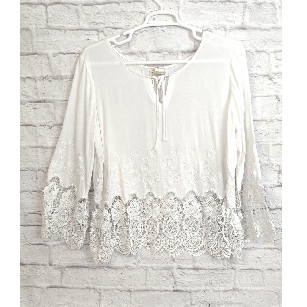 Forgotten Grace White Cotton Lace Trim Embroidered Blouse 3X Boho Hygge Lagan